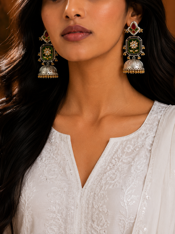 Premium Quality | Silver Plated | Green Color | Jhumka Earrings |
