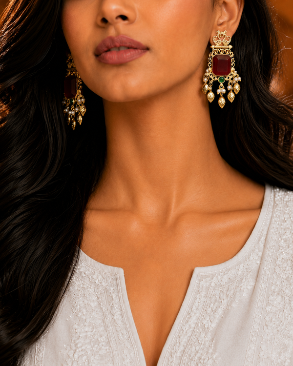 Premium Quality | Dangler Earrings | White Pearls | Red Color |