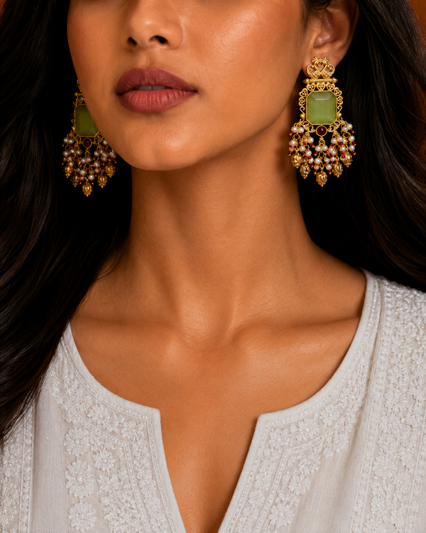 Premium Quality | Dangler Earrings | White Pearls | Mint Color |