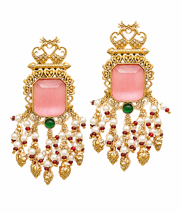 Premium Quality | Dangler Earrings | White Pearls | Pink Color |