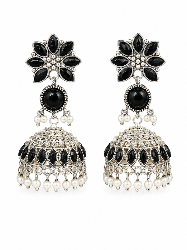 Silver Plated | Reshma Jhumki Earrings | Black Color |
