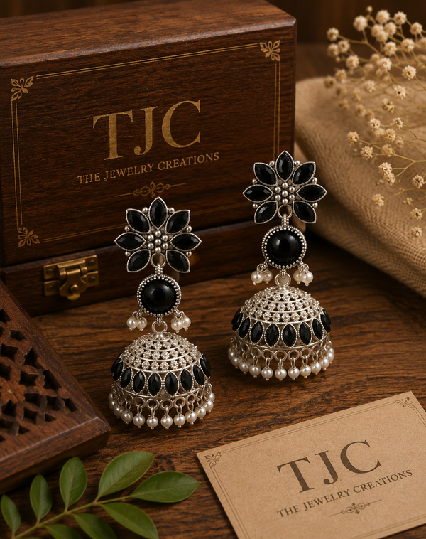 Silver Plated | Reshma Jhumki Earrings | Black Color |
