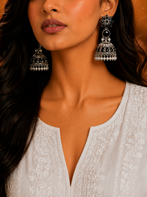 Silver Plated | Reshma Jhumki Earrings | Black Color |