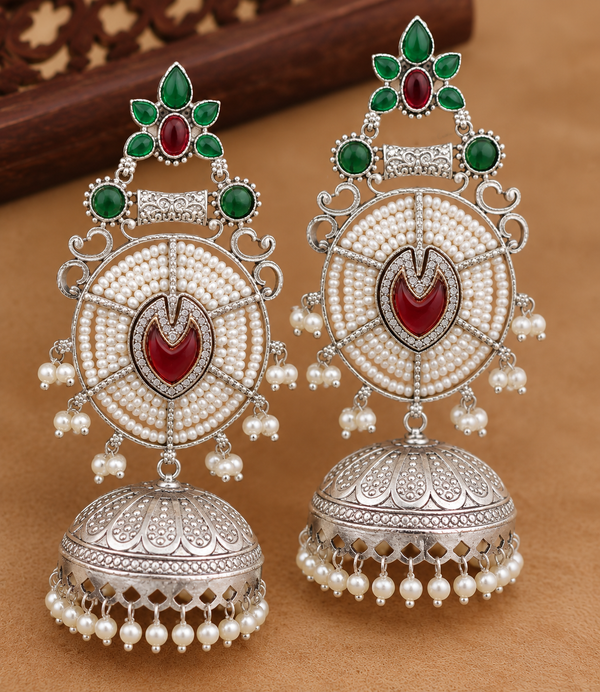 Silver Plated | Jhumka Earrings | Handmade Earrings | Red Color |