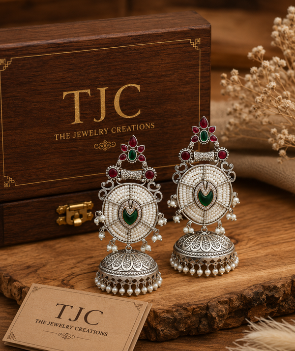 Silver Plated | Jhumka Earrings | Handmade Earrings | Green Color |
