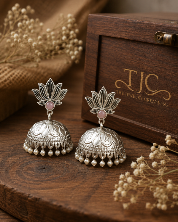 Premium Quality | Lotus Jhumka Earrings | Silver Plated |