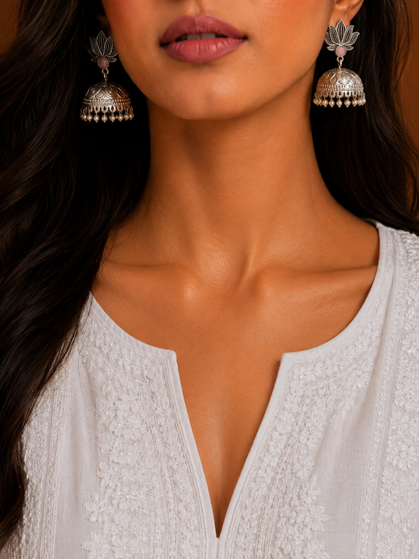 Premium Quality | Lotus Jhumka Earrings | Silver Plated |