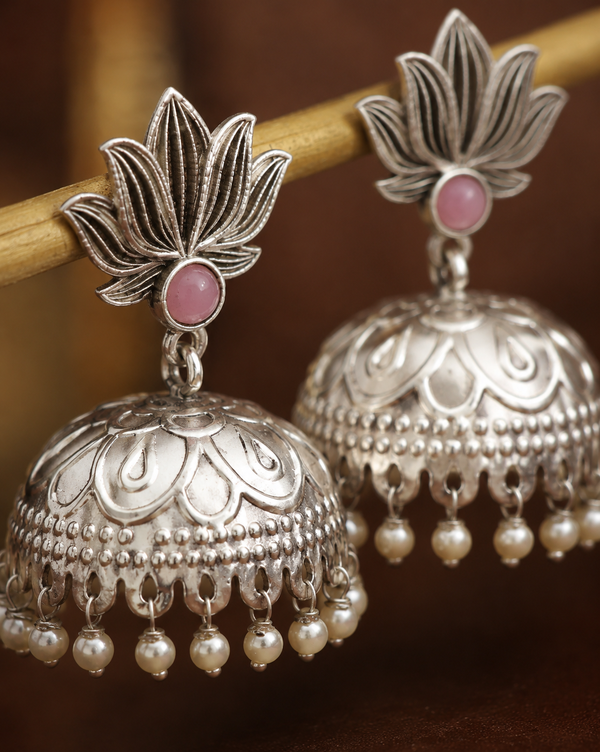 Premium Quality | Lotus Jhumka Earrings | Silver Plated |