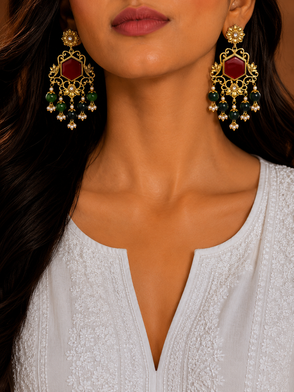 Premium Quality | Monalisa Stone | Dangler Earrings| Red Color |