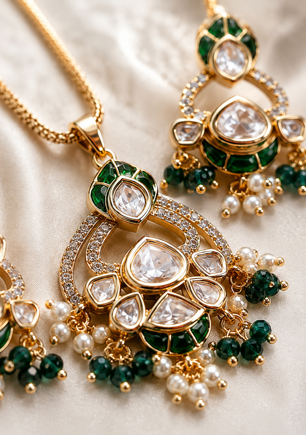 Premium Quality |Italian Meenakari | Moissanite Pendant Set | Green Color |