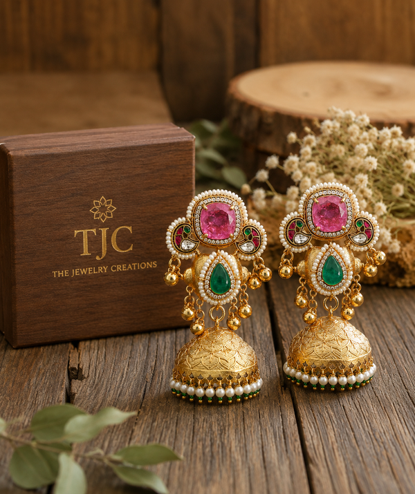 Premium Quality | Jhumki Earrings | Brass | Artificial Stone |