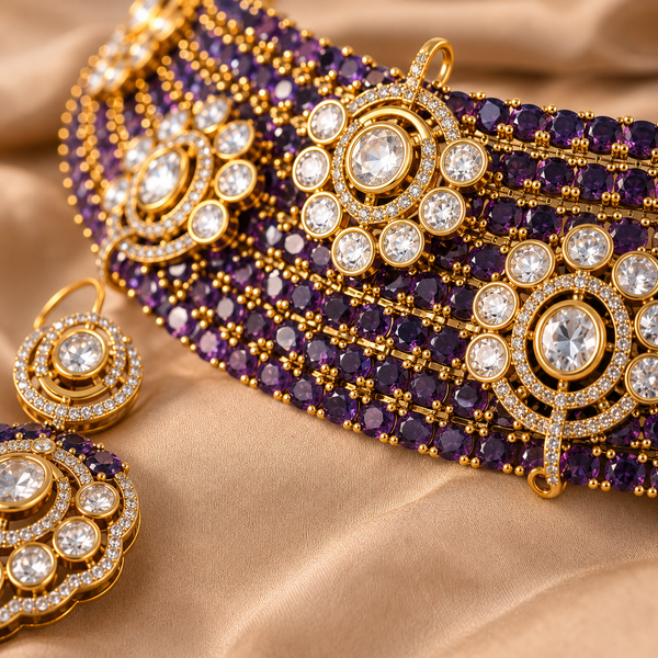 Premium Quality | Moissanite Detailing | Choker Set | Amethyst Color |