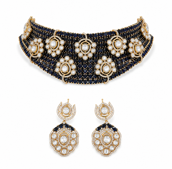 Premium Quality | Moissanite Detailing | Choker Set | Blue Color |