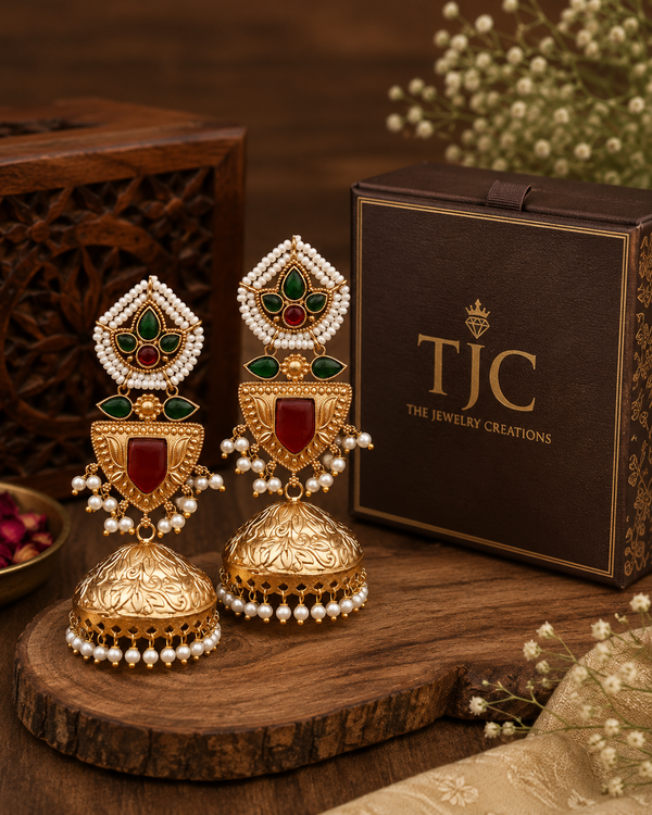 Premium Quality | Jhumki Earrings | White Pearls | Red Color |