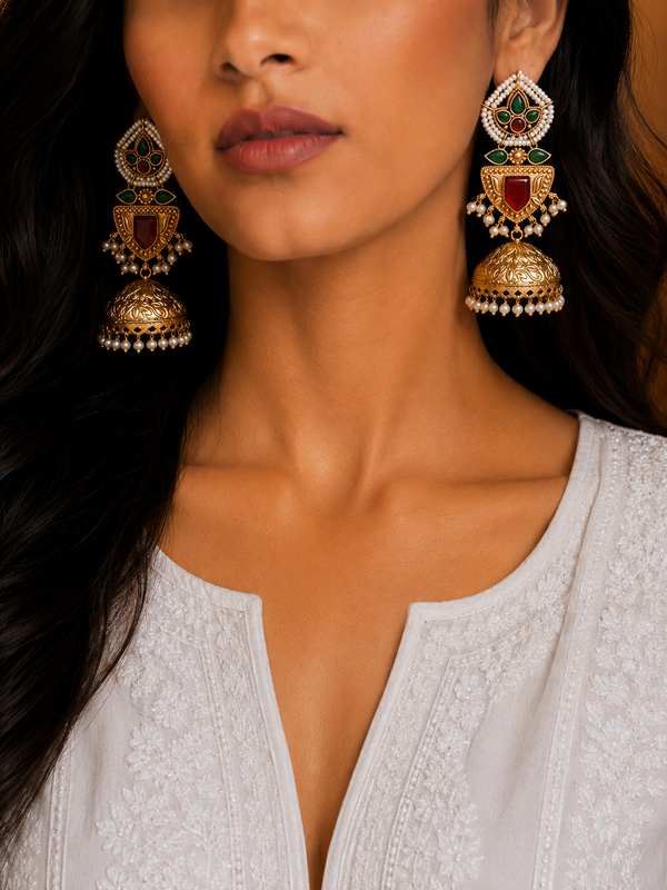 Premium Quality | Jhumki Earrings | White Pearls | Red Color |