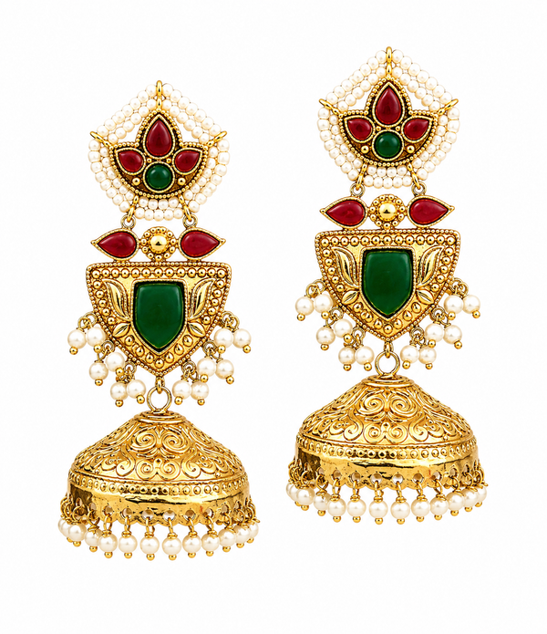 Premium Quality | Jhumki Earrings | White Pearls | Green Color |