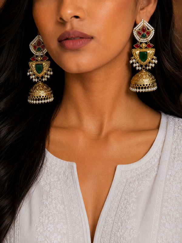Premium Quality | Jhumki Earrings | White Pearls | Green Color |