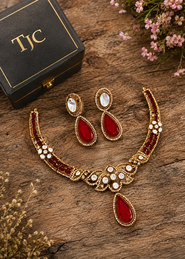 Premium Quality | Doublet Stone | Moissanite Detailing | Choker Sets | Red Color |
