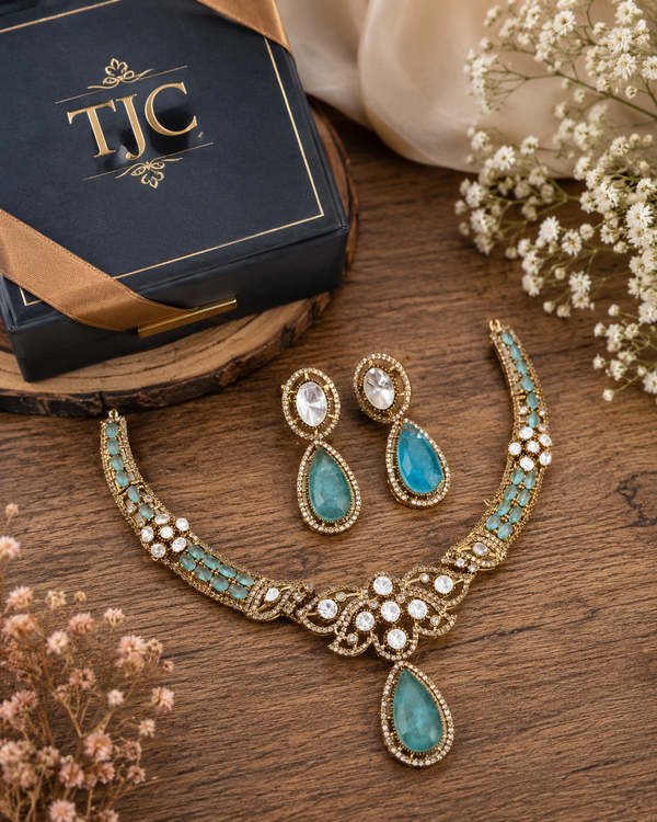 Premium Quality | Doublet Stone | Moissanite Detailing | Choker Sets | Sky Blue Color |