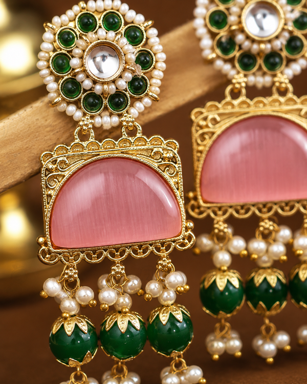Premium Quality | Dangler Earrings | Artificial Stone with Pearl | Pink Color |