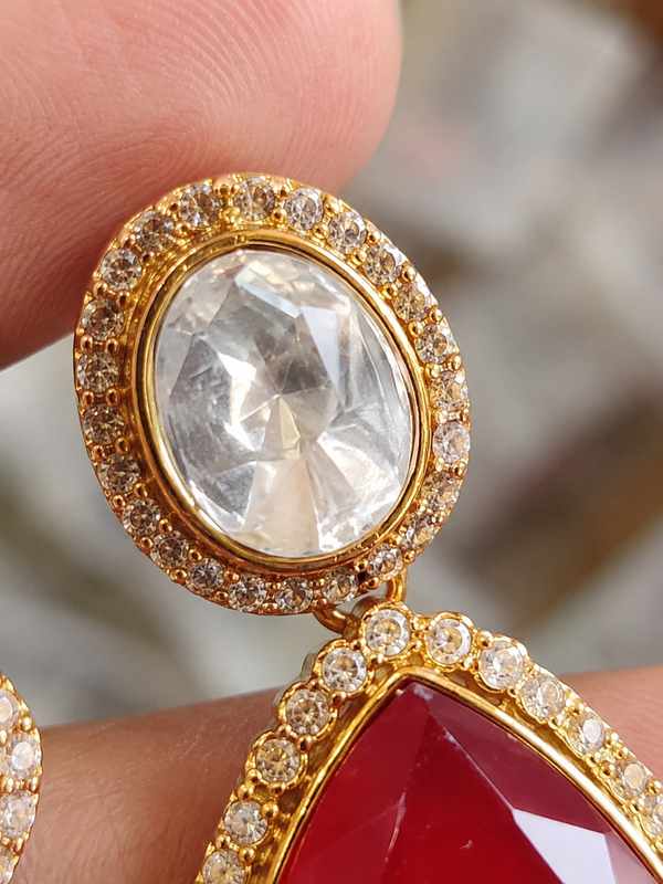 Premium Quality | American Diamond Earrings | Red Color |