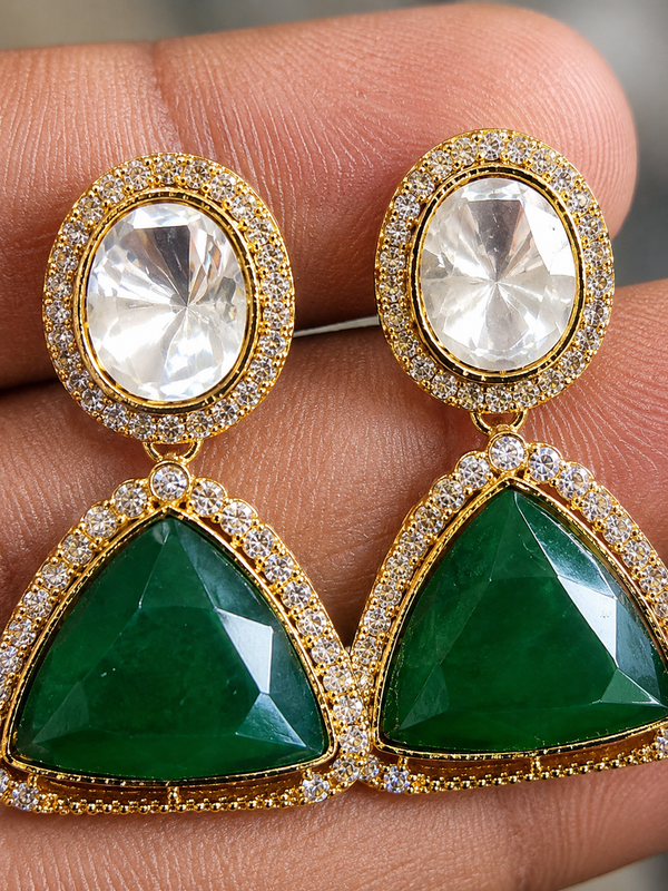 Premium Quality | American Diamond Earrings | Green Color |
