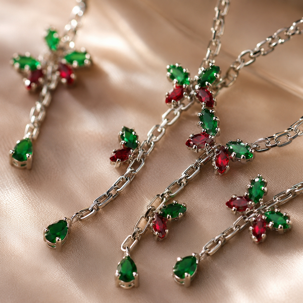 Ruby Red & Green Emerald Inspired | American Diamond Accents | Chain Pendant Set With Earrings |