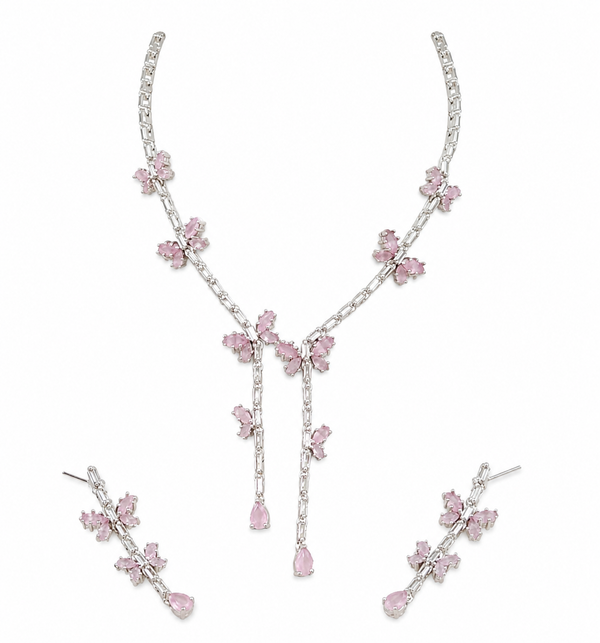 Pink Sapphire Inspired | American Diamond Accents | Chain Pendant Set With Earrings |