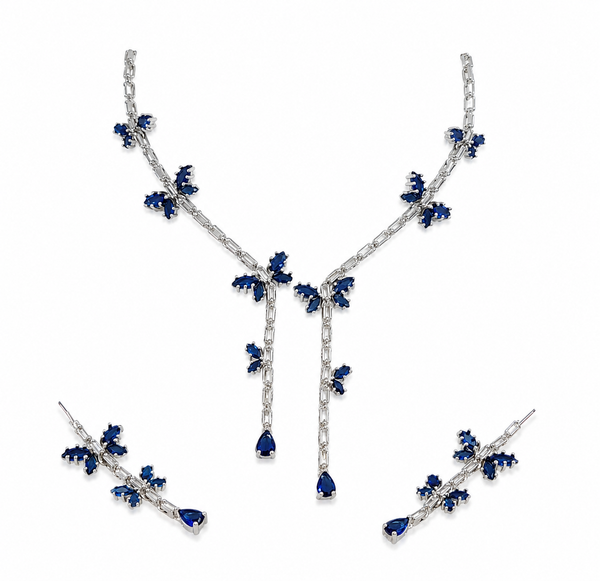 Blue Sapphire Inspired | American Diamond Accents | Chain Pendant Set With Earrings |