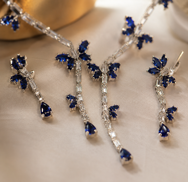 Blue Sapphire Inspired | American Diamond Accents | Chain Pendant Set With Earrings |