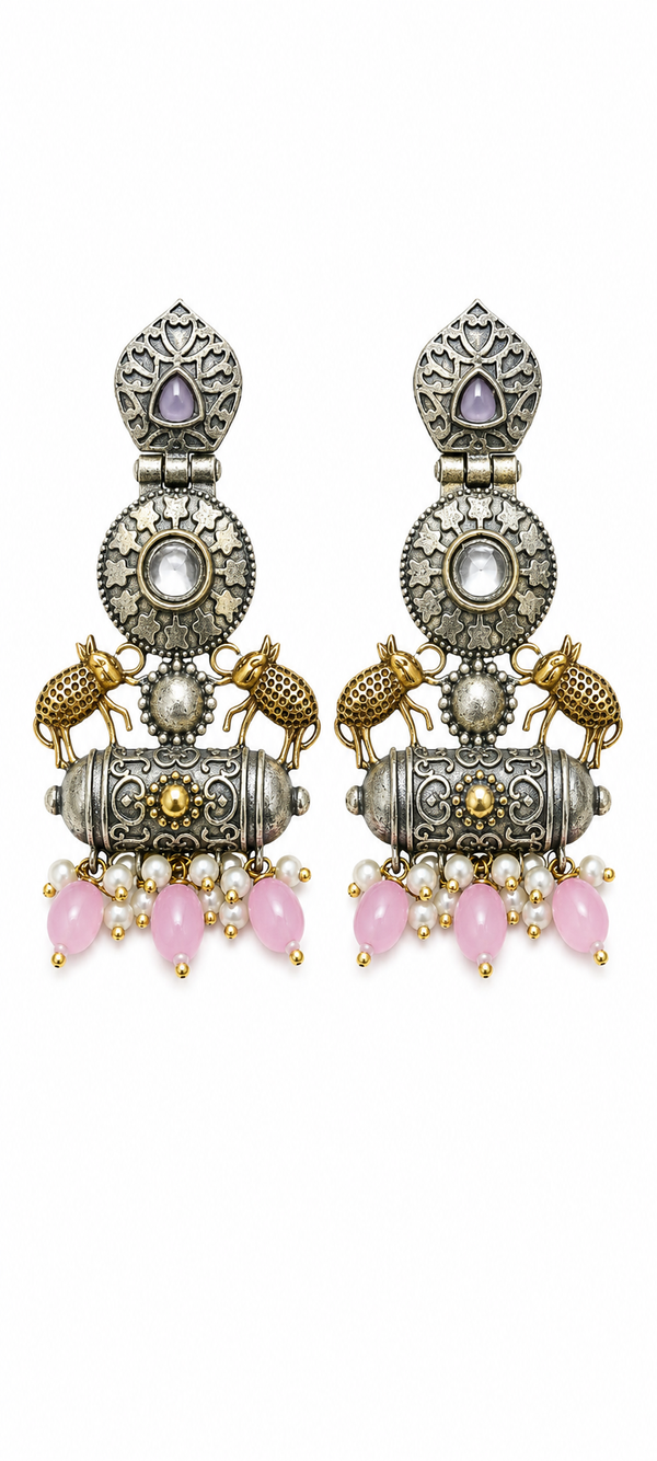 Premium Quality I Silver Plated I Oxidised Earrings IPink beads I
