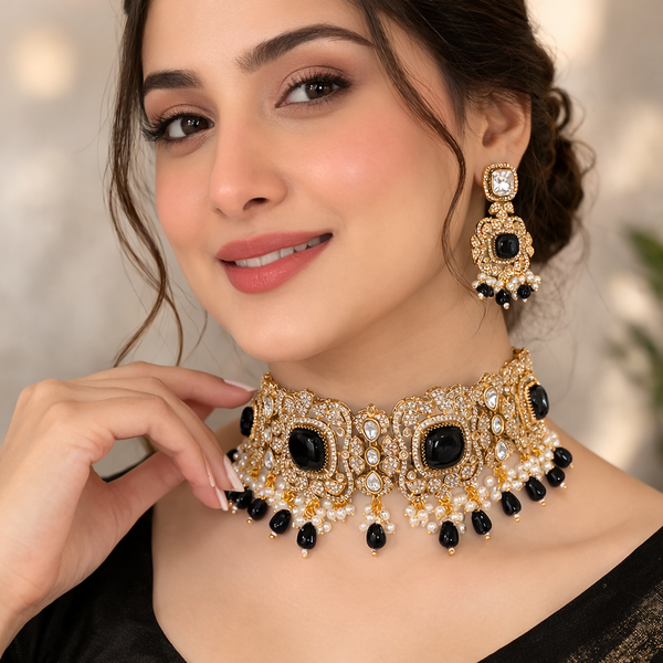 Monalisa Black Onyx | American Diamond Choker Necklace Set with Earrings | Elegant Jewelry |