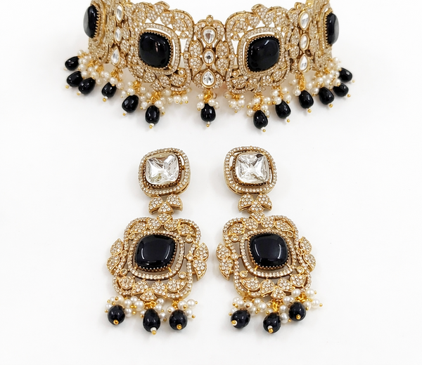 Monalisa Black Onyx | American Diamond Choker Necklace Set with Earrings | Elegant Jewelry |