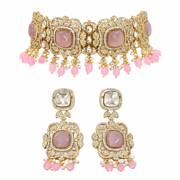 Monalisa Blush Pink | American Diamond Choker Necklace Set with Earrings | Elegant Jewelry |