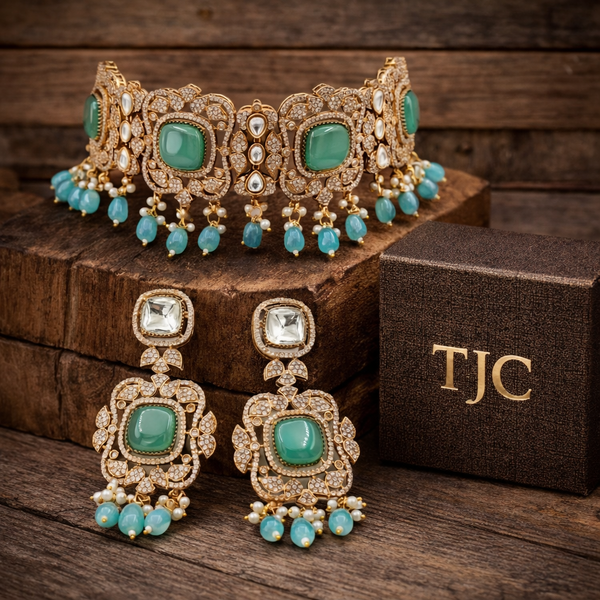 Monalisa Mint Green | American Diamond Choker Necklace Set with Earrings | Elegant Jewelry |