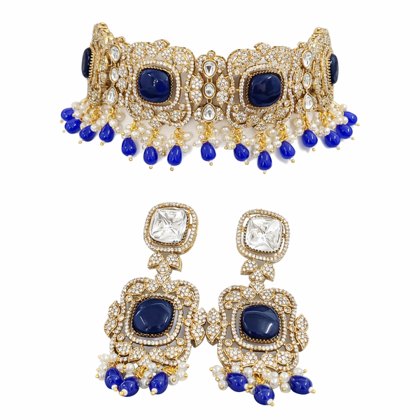 Monalisa Royal Blue | American Diamond Choker Necklace Set with Earrings | Elegant Jewelry |