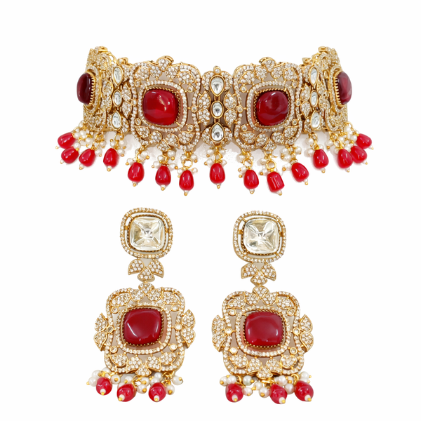 Monalisa Ruby Red | American Diamond Choker Necklace Set with Earrings | Elegant Jewelry |