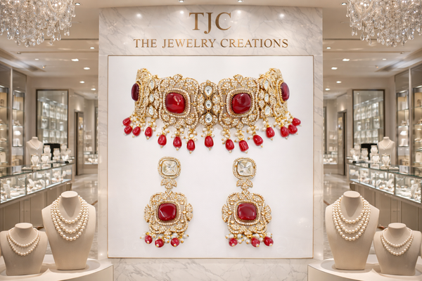 Monalisa Ruby Red | American Diamond Choker Necklace Set with Earrings | Elegant Jewelry |
