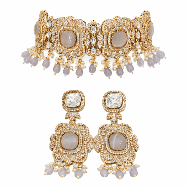 Monalisa Ivory Grey| American Diamond Choker Necklace Set with Earrings | Elegant Jewelry |