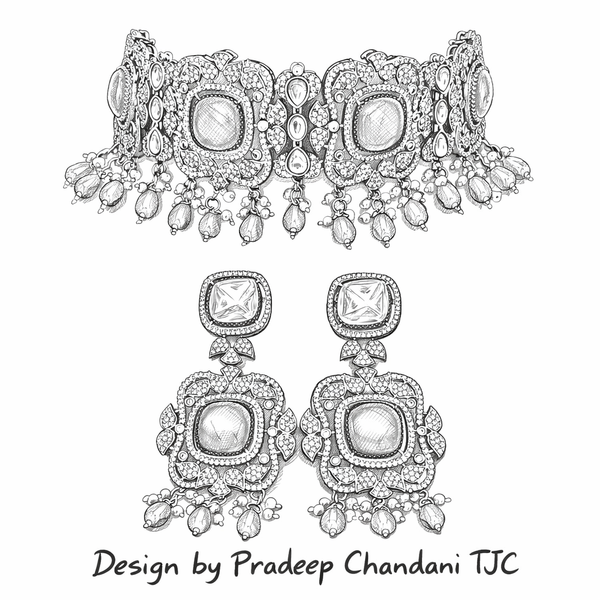 Monalisa Ivory Grey| American Diamond Choker Necklace Set with Earrings | Elegant Jewelry |