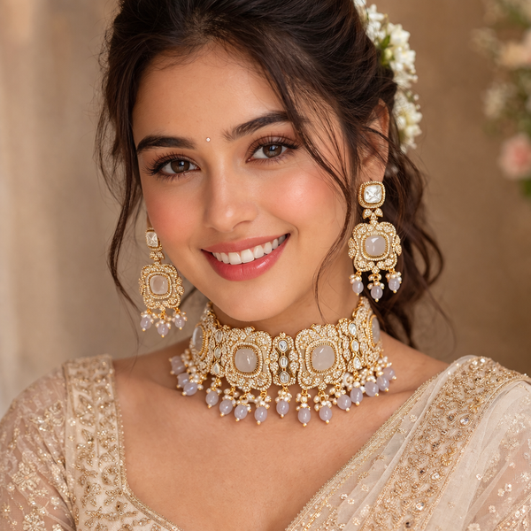 Monalisa Ivory Grey| American Diamond Choker Necklace Set with Earrings | Elegant Jewelry |