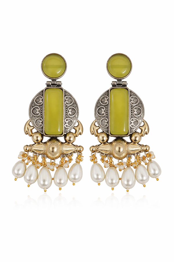 Lemon Quartz Glass | Silver & Gold (Dual) Plated | Silver Replica Oxisidised Earrings |