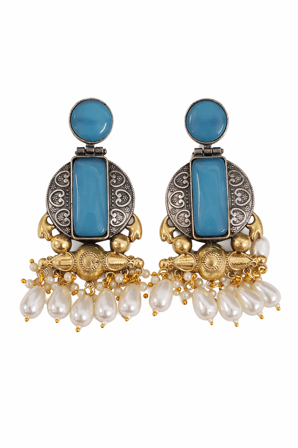 Turquoise Glass | Silver & Gold (Dual) Plated | Silver Replica Oxisidised Earrings |
