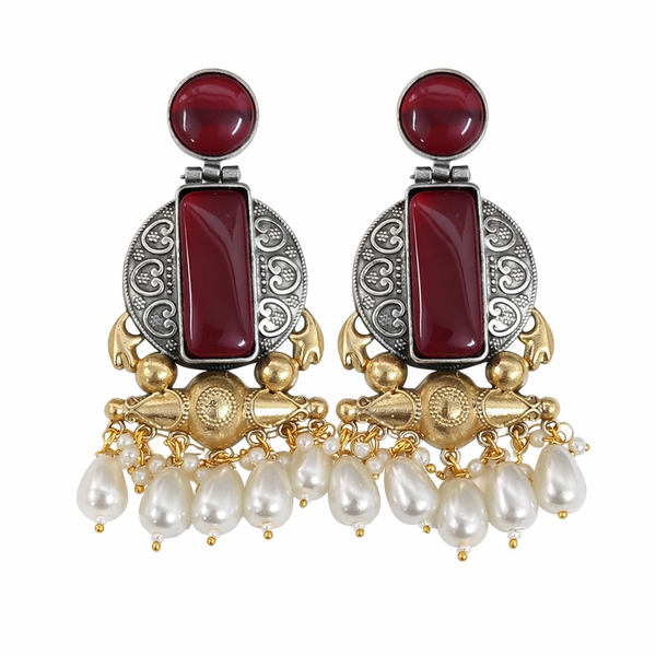 Ruby Red Glass | Silver & Gold (Dual) Plated | Silver Replica Oxisidised Earrings |