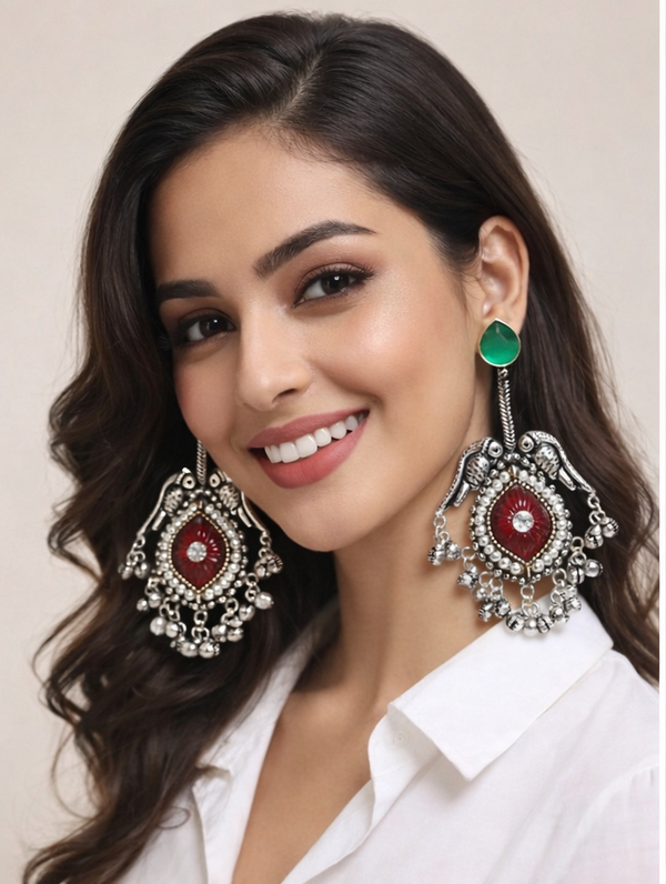 Silver Replica | Red Chalcedony & Pearl | Oxidised Kashmiri Earrings |