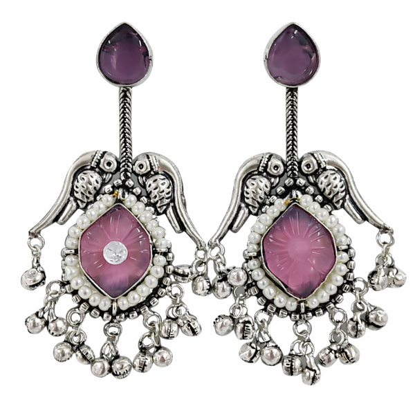 Silver Replica | Pink Chalcedony & Pearl | Oxidised Kashmiri Earrings |