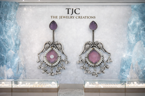 Silver Replica | Pink Chalcedony & Pearl | Oxidised Kashmiri Earrings |