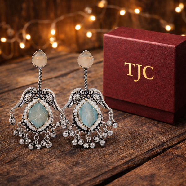 Silver Replica | Blue Chalcedony & Pearl | Oxidised Kashmiri Earrings |
