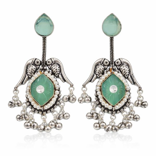Silver Replica | Green Chalcedony & Pearl | Oxidised Kashmiri Earrings |