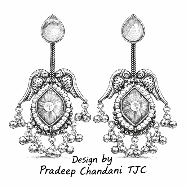 Silver Replica | Green Chalcedony & Pearl | Oxidised Kashmiri Earrings |